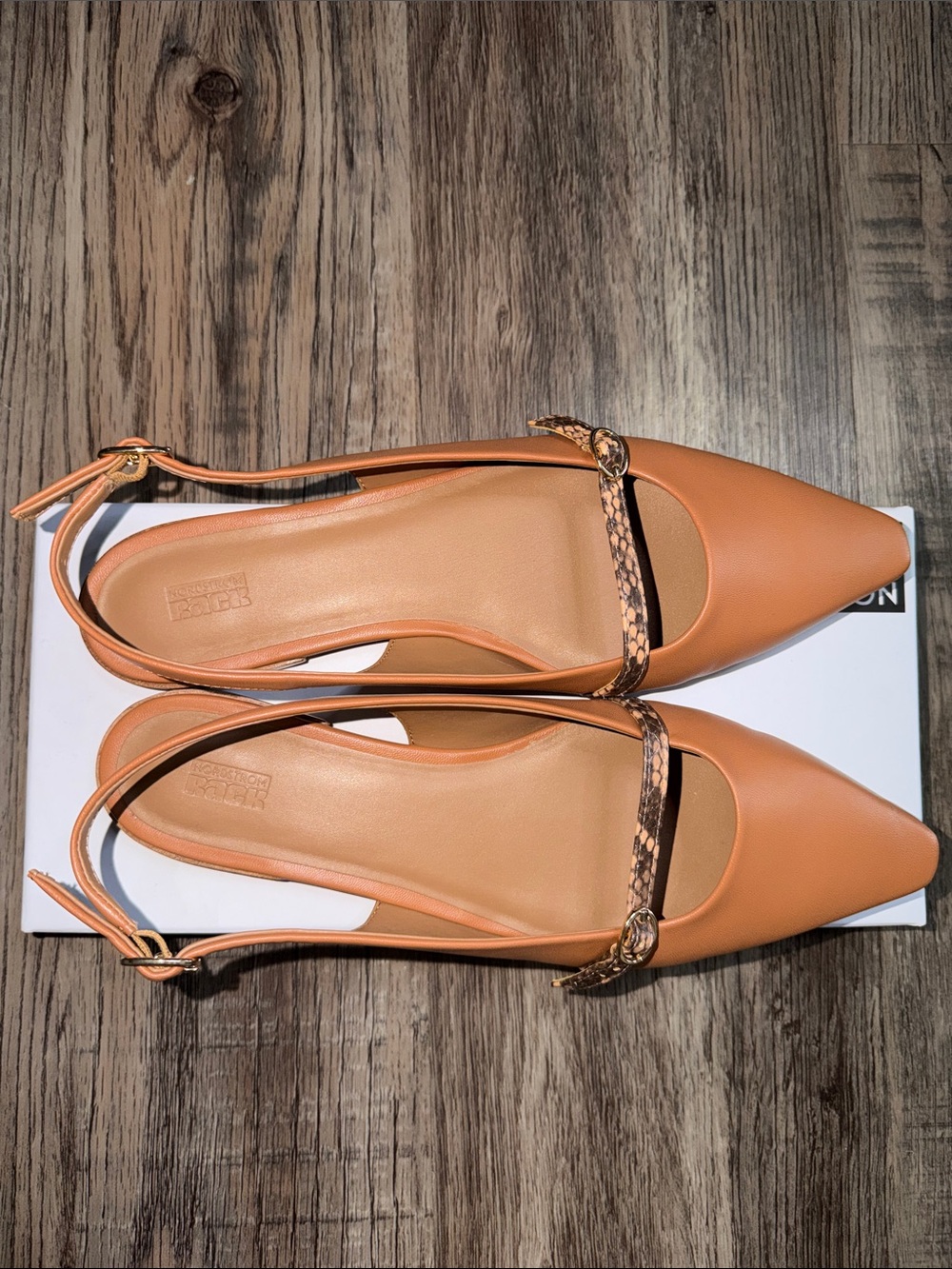 Pointed Slingback Flats with Snake-Print Strap in Caramel